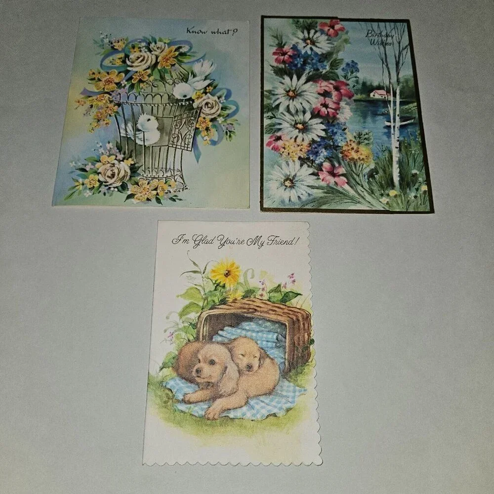 3 VTG Happy Birthday Greeting Cards Lot Floral Lake Birds Puppies NEVER USED